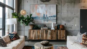 accogliente e elegante di ispirazione industriale vivente camera con rustico Accenti e moderno arredamento elementi foto