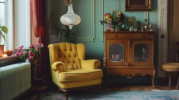 accogliente e lussuoso trapuntata poltrona nel elegante d'ispirazione vintage interno con antico mobilia e arredamento foto