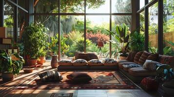 accogliente e lussureggiante interno giardino oasi nel un' illuminata dal sole in stile serra vivente camera offerta un' tranquillo fuga a partire dal il ogni giorno foto