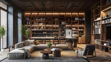 accogliente e invitante moderno vivente camera con di legno scaffalature e minimalista arredamento foto