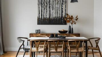 elegante di legno cenare tavolo impostato nel raffinato moderno interno con ispirata alla natura opera d'arte foto