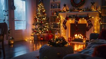 accogliente e festivo Natale vivente camera con scintillio luci, il camino, e decorato albero foto
