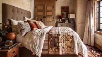 accogliente e accogliente rustico Camera da letto santuario con invitante tessile e Accenti foto