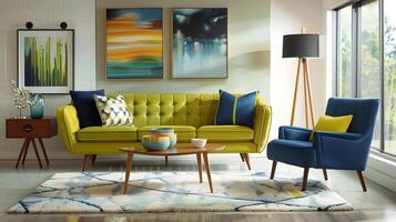 luminosa e accogliente moderno vivente camera con vivace mobilia e travolgente opera d'arte preparativi foto