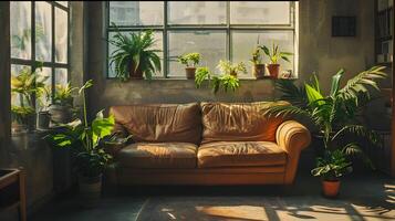 accogliente domestico santuario circondato di lussureggiante verdura nel illuminata dal sole vivente camera foto