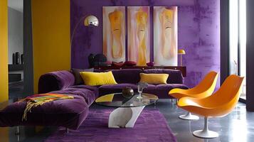 audacemente progettato contemporaneo vivente spazio con vivace colore tavolozza e astratto parete opera d'arte foto
