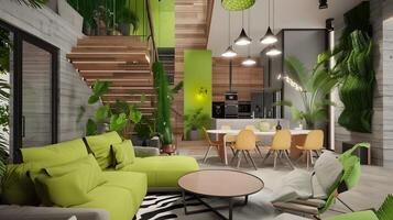 vivace moderno vivente camera con lussureggiante impianti e pistacchio verde Accenti la creazione di un eco-friendly atmosfera foto