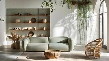 sereno minimalista vivente camera sovradimensionato leggero verde divano, malacca poltrona, e di legno scaffali ornato con verdura foto