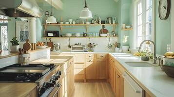 di ispirazione scandinava cucina con sbiancato legna Accenti e dolce verde tonalità foto