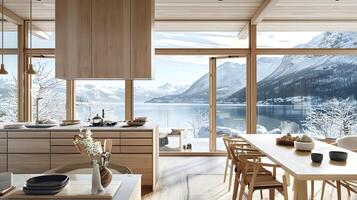 scandinavo cucina prospiciente fiordo e innevato montagne un' inverno porto di minimalista lusso e accogliente design foto