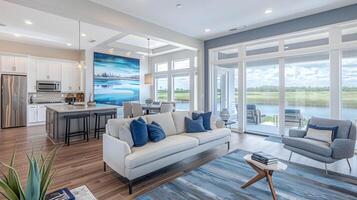 spazioso moderno agriturismo vivente camera nel nuovo Florida casa con blu Accenti e lago Visualizza foto