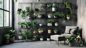scandinavo vivente camera trasformato in urbano giungla con fiorente piante d'appartamento e industriale scaffalature foto
