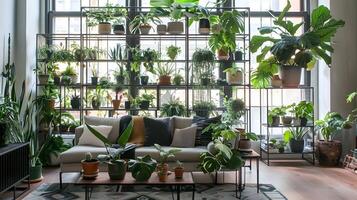 scandinavo design incontra urbano giungla fascino nel un' vivente camera pieno con piante d'appartamento e verdura foto