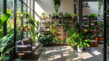 scandinavo design incontra urbano giungla fascino un' moderno vivente camera Abbracciare una persona lussureggiante piante d'appartamento e metallo scaffalature foto