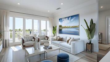 spazioso moderno vivente camera con blu Accenti e panoramico lago opera d'arte nel Florida casa foto