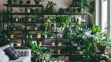 scandinavo design incontra urbano giungla un' vivente camera fioritura con lussureggiante piante d'appartamento e ingegnoso metallo scaffalature foto