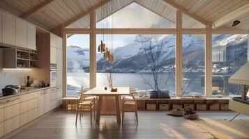 scandinavo cucina in mezzo nevoso montagne un' hyggeful santuario foto