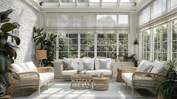 veranda oasi Vintage ▾ malacca mobilia e lussureggiante impianti crogiolarsi nel sereno naturale leggero foto