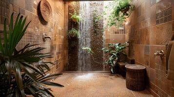 acqua piovana cascata oasi un' tipo spa bagno ritiro con terracotta piastrelle e lussureggiante verdura foto