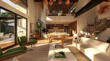 illuminata dal sole vivente camera nel moderno eco-friendly casa con caldo legna Accenti e verde elementi foto