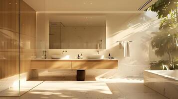 illuminata dal sole elegante bagno con minimalista design e naturale legna componenti foto