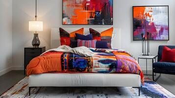 moderno arte letto con pop Art lampada nel innovativo galleria Camera da letto ambientazione foto