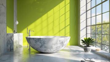 moderno bagno design con lime accento parete e marmo vasca crogiolato nel morbido luce del giorno foto