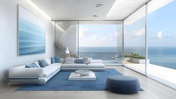 moderno vivente camera con sereno oceano Visualizza e tranquillo blu Accenti foto
