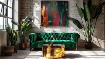 lussuoso ritiro verde velluto Chesterfield divano adorna soffitta appartamento con astratto pittura e interno impianti foto