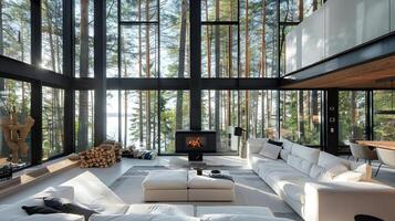 moderno vivente camera nel foresta trasudante la tranquillità e hygge con scandinavo design e legna ardente stufa foto