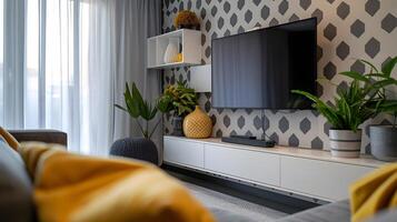 moderno vivente camera con geometrico sfondo e accogliente ambiance foto