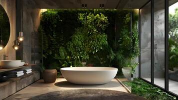 lussuoso bagno oasi con verticale giardino accento parete e indipendente vasca, incarnando eco-friendly design e serenità foto