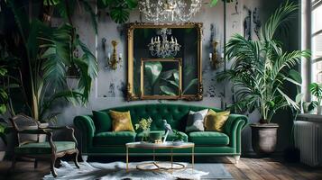 lussureggiante verde velluto divano adorna un elegante vivente camera ornato con tropicale impianti e Vintage ▾ Accenti foto