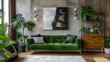 lussureggiante verde velluto divano adorna industriale elegante vivente spazio con impianti e opera d'arte, crogiolarsi nel caldo leggero foto
