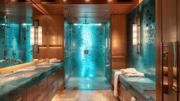 lusso yacht bagno con turchese mosaico piastrelle e elegante legna Accenti foto