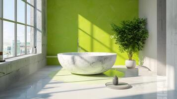 lime verde bagno con marmo vasca crogiolarsi nel luce del giorno e minimalista design foto