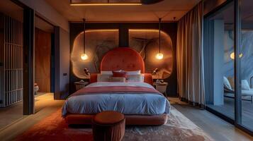 lussuoso Hotel camera con sovradimensionato letto e elegante con influenze asiatiche arredamento in mezzo panoramico all'aperto visualizzazioni foto