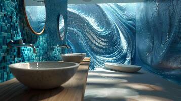 futuristico bagno design con vorticoso blu piastrella parete e contemporaneo infissi nel cinematico illuminazione foto
