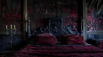 Gotico eleganza un' medievale castello Camera da letto ornato con velluto e damasco foto