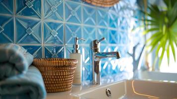 elegante argento rubinetto e blu geometrico piastrelle nel un' sereno bagno con un' palma pianta foto
