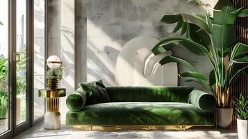 Smeraldo velluto divano nel lussuoso urbano rifugio ornato con astratto arte installazione e lussureggiante piante d'appartamento foto