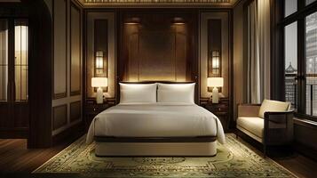 elegante lusso un' raffinato Hotel Camera da letto prospiciente un' città orizzonte a notte foto
