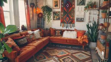accogliente progettato boemo vivente camera con sovradimensionato velluto divano e sospeso succulente foto