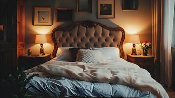 elegante Camera da letto santuario sontuoso alloggio catturato nel smorzato toni foto