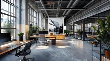 contemporaneo piano aperto ufficio spazio ispirando produttività con industriale design e urbano opera d'arte foto
