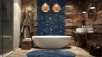 accogliente rustico bagno con blu mosaico piastrelle e moderno fiuto invita sereno rilassamento foto