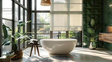 eco-friendly moderno bagno con ispirata alla natura design e caldo luce del sole foto