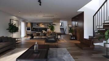dinamico vivente la zona con wenge scala nel moderno Aperto Piano vivente camera e cenare spazio foto