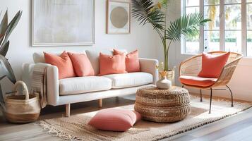 infuso di corallo contemporaneo vivente camera con beige divano e malacca Accenti foto