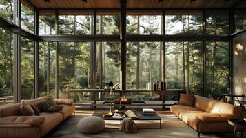 foresta Casa vivente moderno interno design con pelle divani e panoramico finestre foto